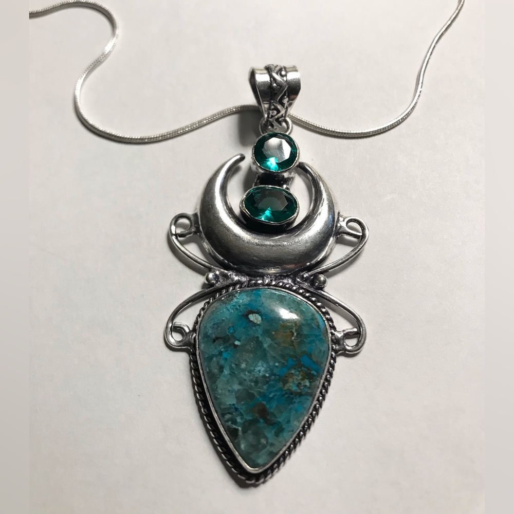 Chrysocolla Aqua Apatite Stamped 925 Sterling Silver Necklace
